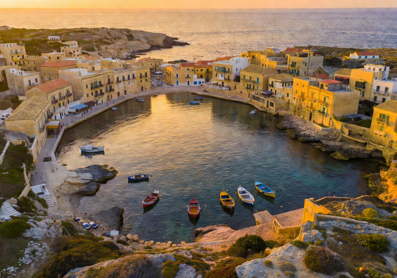 Aerial view of St Julian's Bay Malta at golden hour