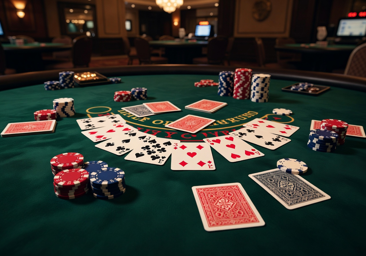 Blackjack cards and chips on table