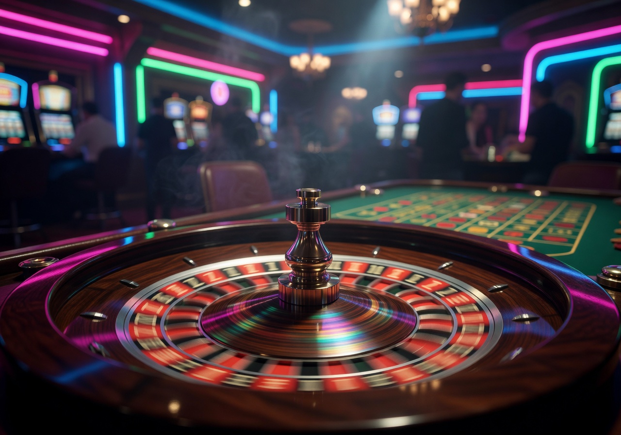 Casino roulette wheel spinning with neon lights