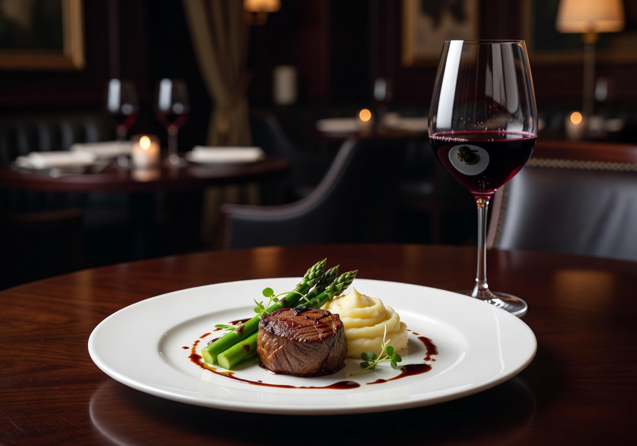 Fine dining tasting menu plate with wine