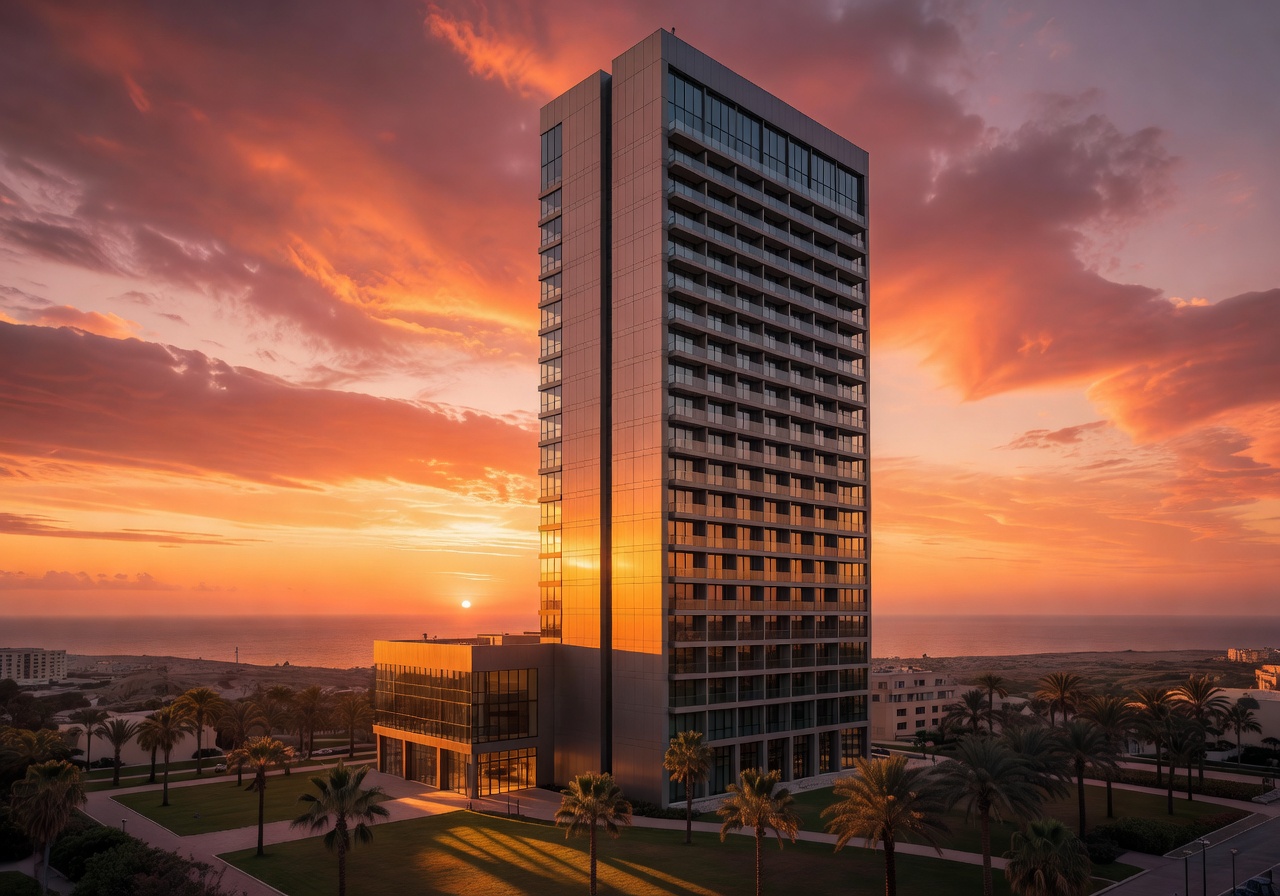 Hilton Malta hotel tower at sunset