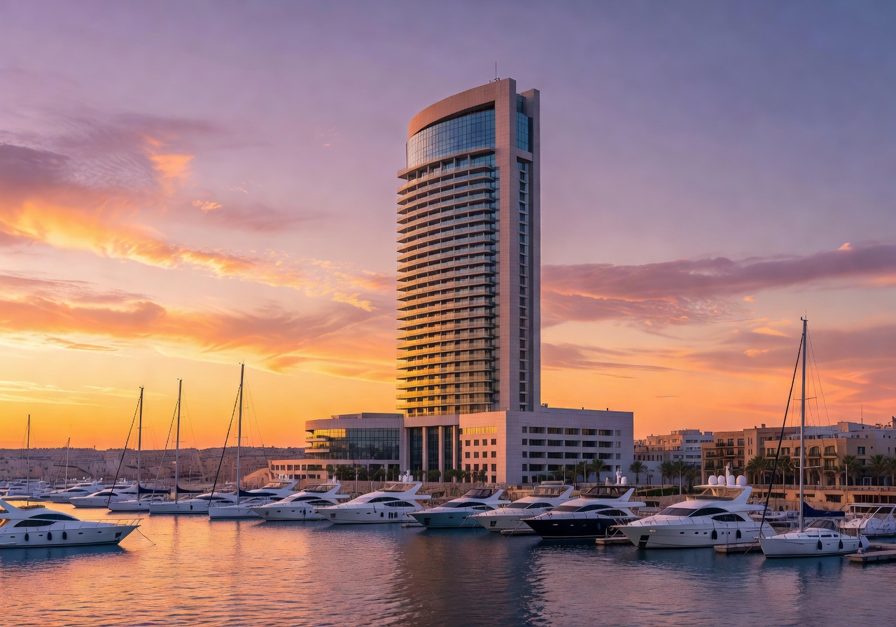 Hilton Malta tower above Portomaso marina at sunset