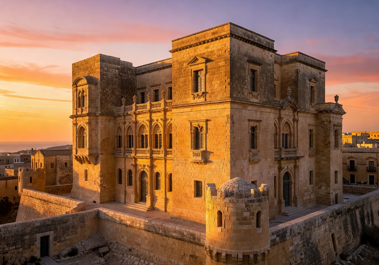 Historic Maltese limestone palace architecture at sunset