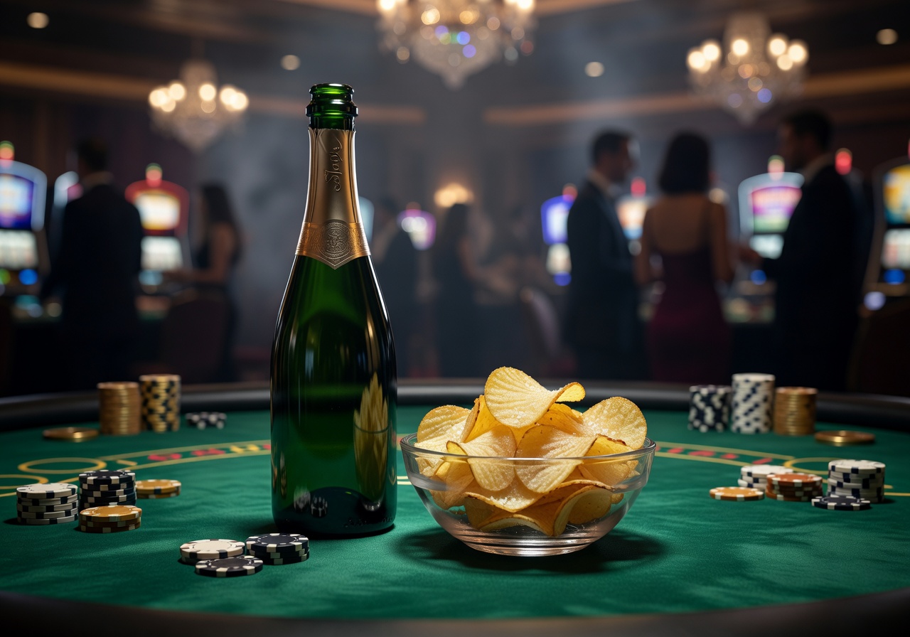 Luxury champagne and chips on casino table