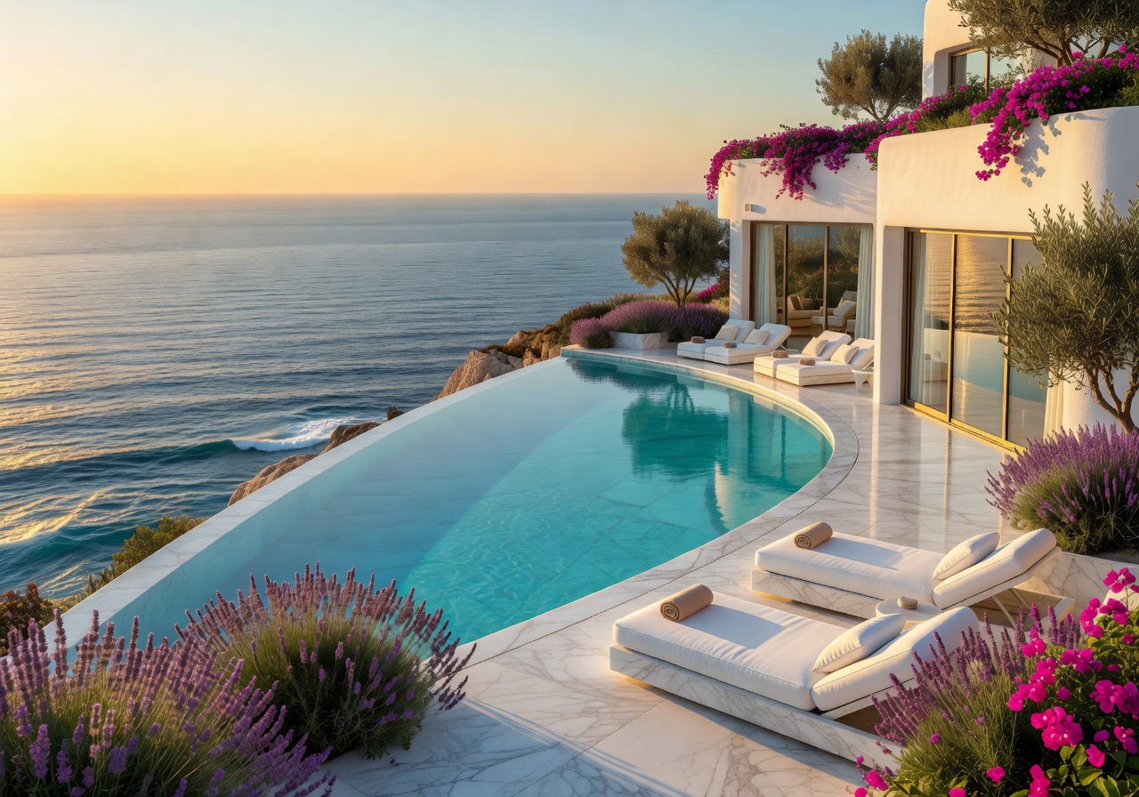 Luxury hotel infinity pool overlooking Mediterranean sea