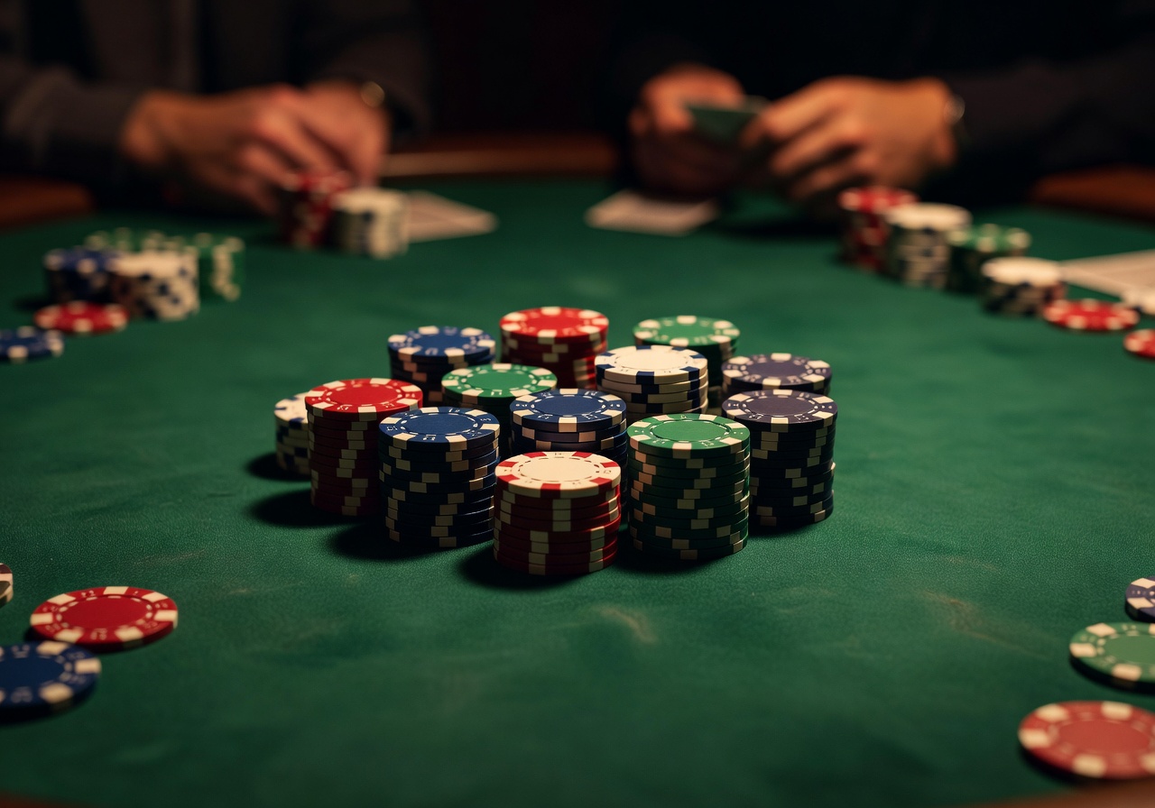 Poker tournament chips and cards on green felt