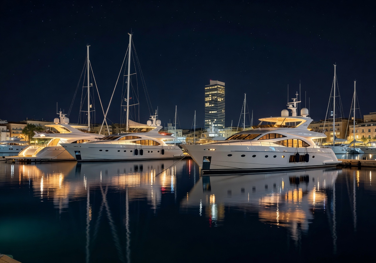 Portomaso marina at night with luxury yachts in Malta