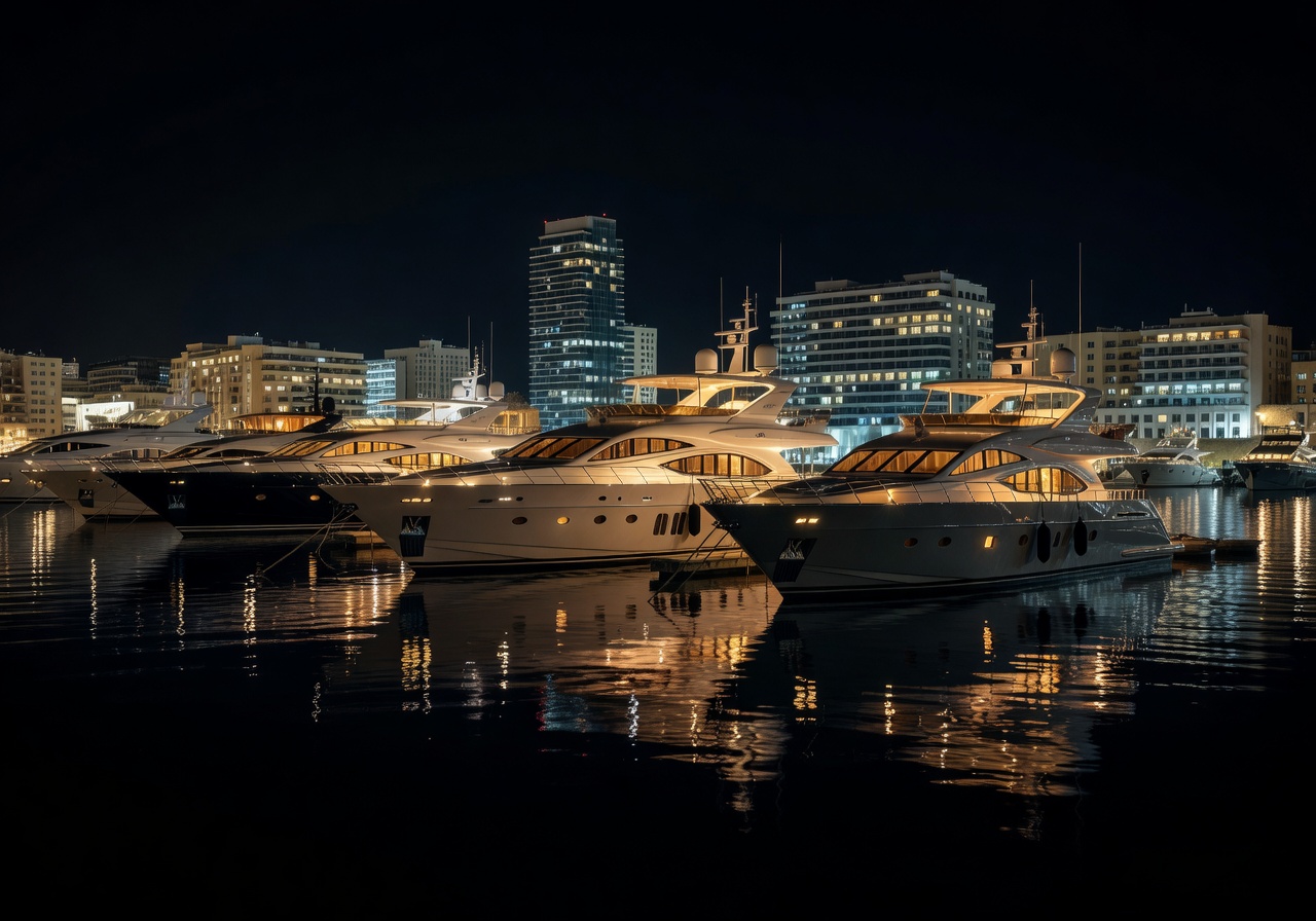 Portomaso marina at night with luxury yachts
